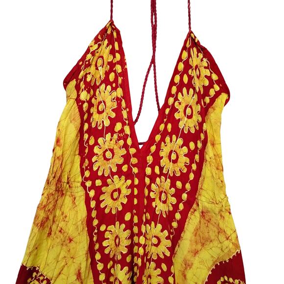 Bohemian Ethnic Inspired Maxi Dress One Size Yellow and Red Halter Low Back - Picture 11 of 12